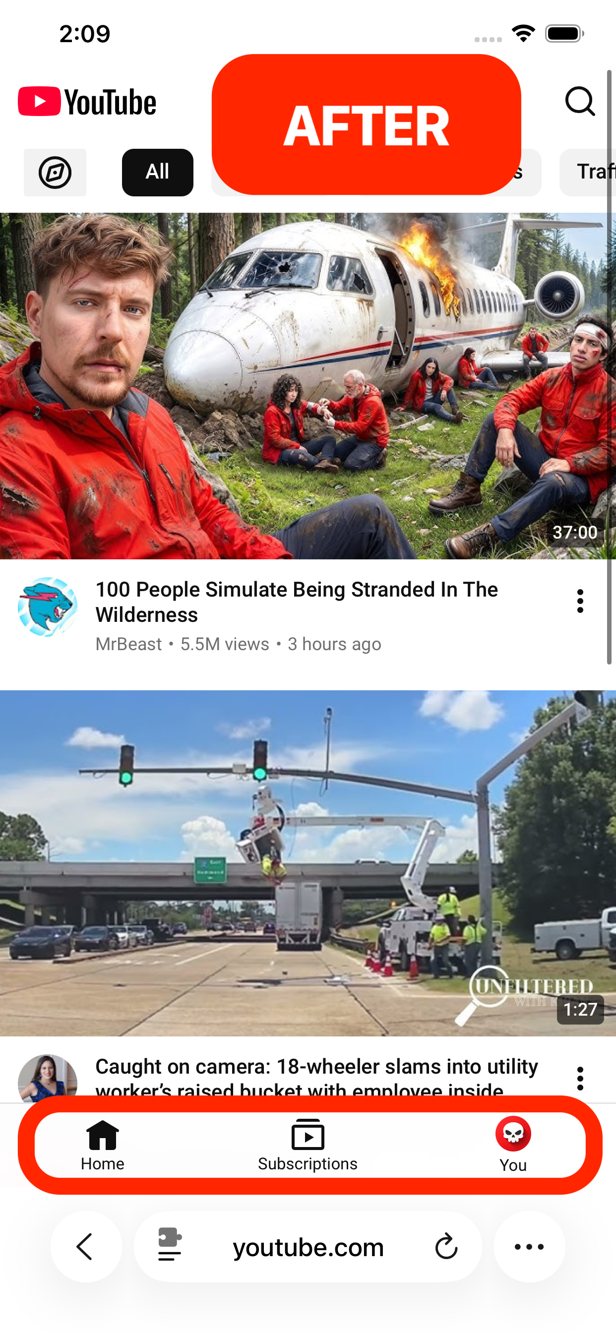 YouTube after ShortsKiller is enabled