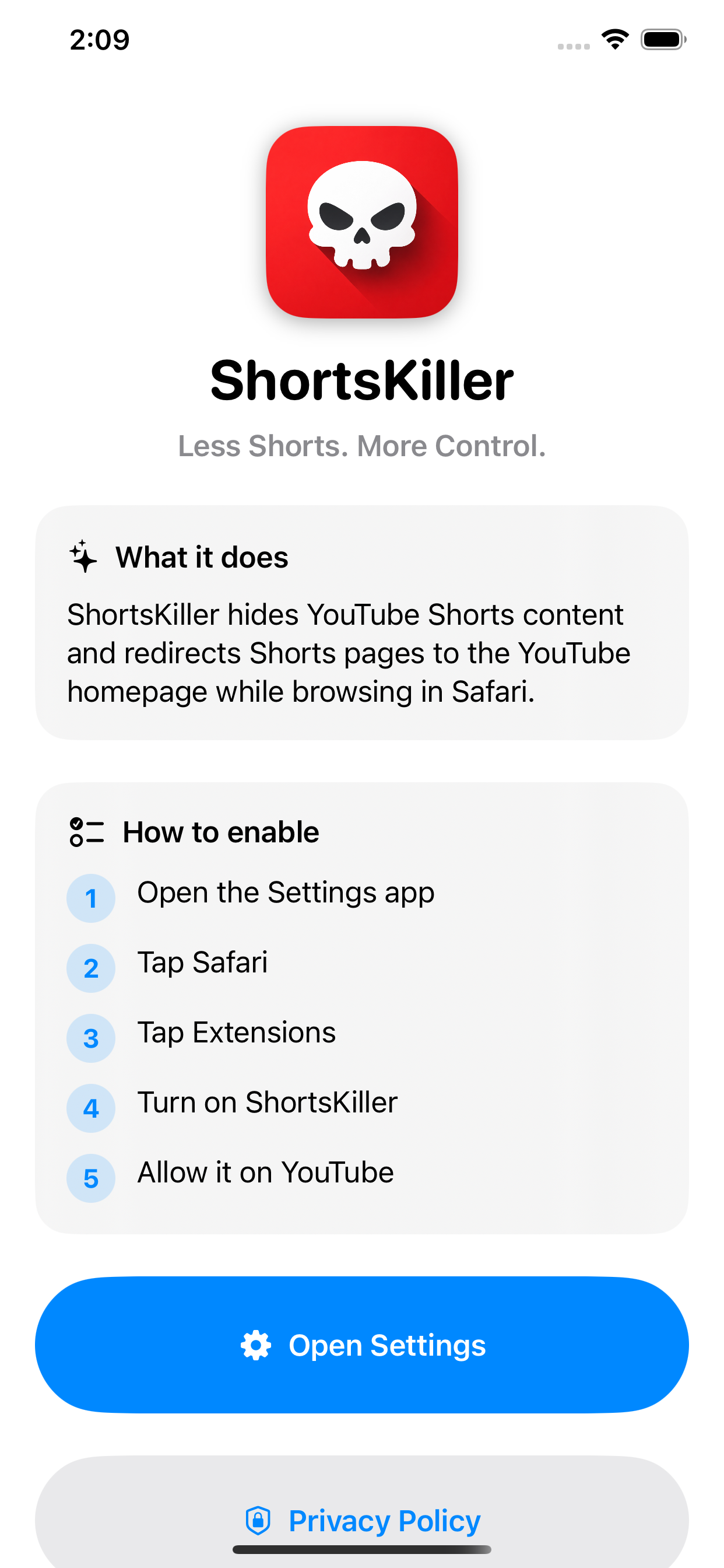 ShortsKiller app home screen