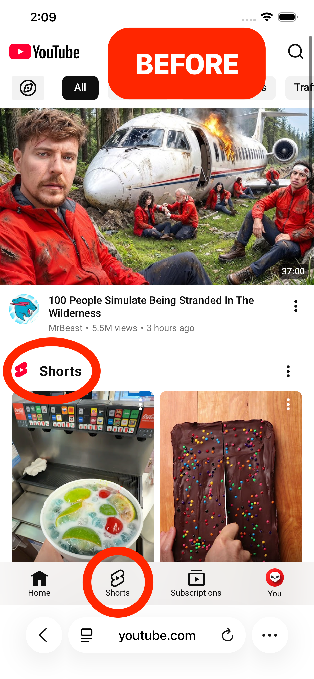 YouTube before ShortsKiller is enabled